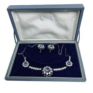 Myer Silver W/Purple And Clear Rhinestone Necklace & Screw Back Earrings (5661)